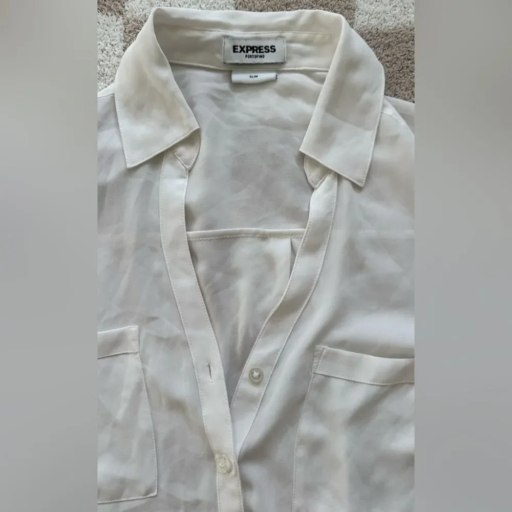 Express Portofino White Button Down Blouse Black Accents Long Sleeve